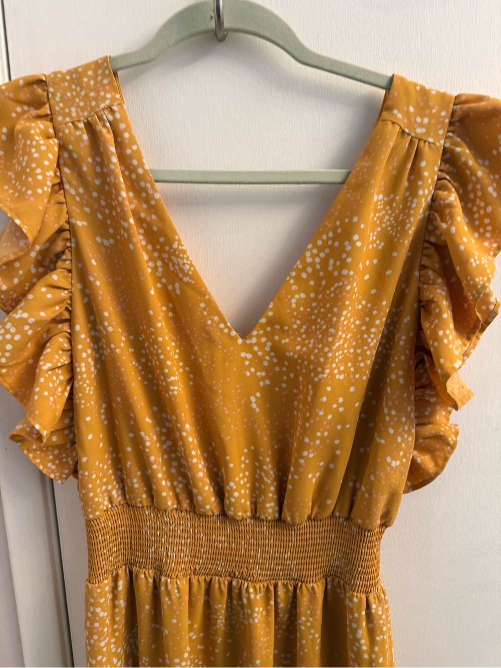 Express Mustard Dot Ruffle-Sleeve Midi Dress - Picture 5 of 6